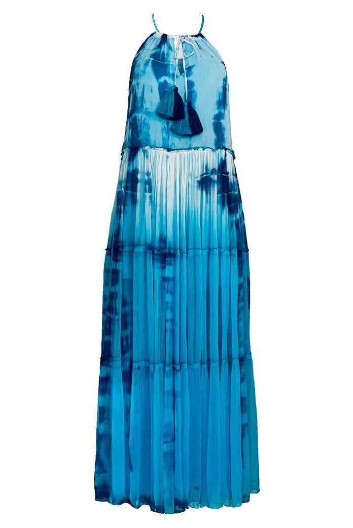Blue turquoise silk tie dye blue silk maxi dress to wear on holiday by LindseyBrown luxury resort wear 