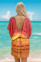 Coral and Yellow silk luxury kaftan by Lindsey Brown resort wear