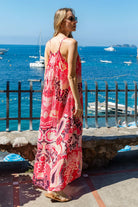 Coral black sleeveless maxi dress for holidays by Lindsey Brown luxury resort wear
