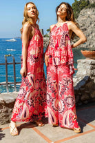 Coral patterned pink and black sleeveless floaty top by Lindsey Brown resort wear 