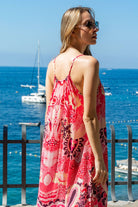 Coral black sleeveless maxi dress for holidays by Lindsey Brown  resort wear