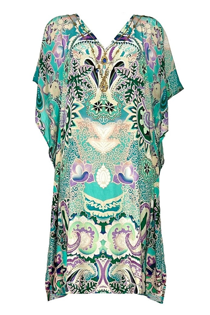 Aqua knee length silk beach cover up to wear n holiday by Lindsey Brown resort wear