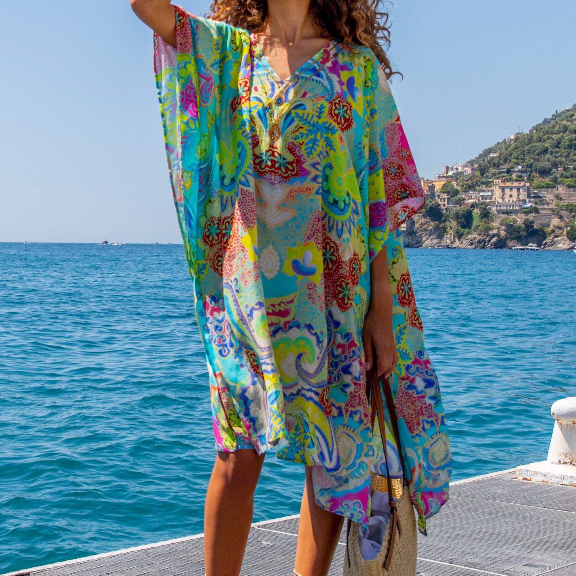 plus size turquoise yellow silk designer kaftans to wear on holiday by Lindsey Brown luxury resort wear 