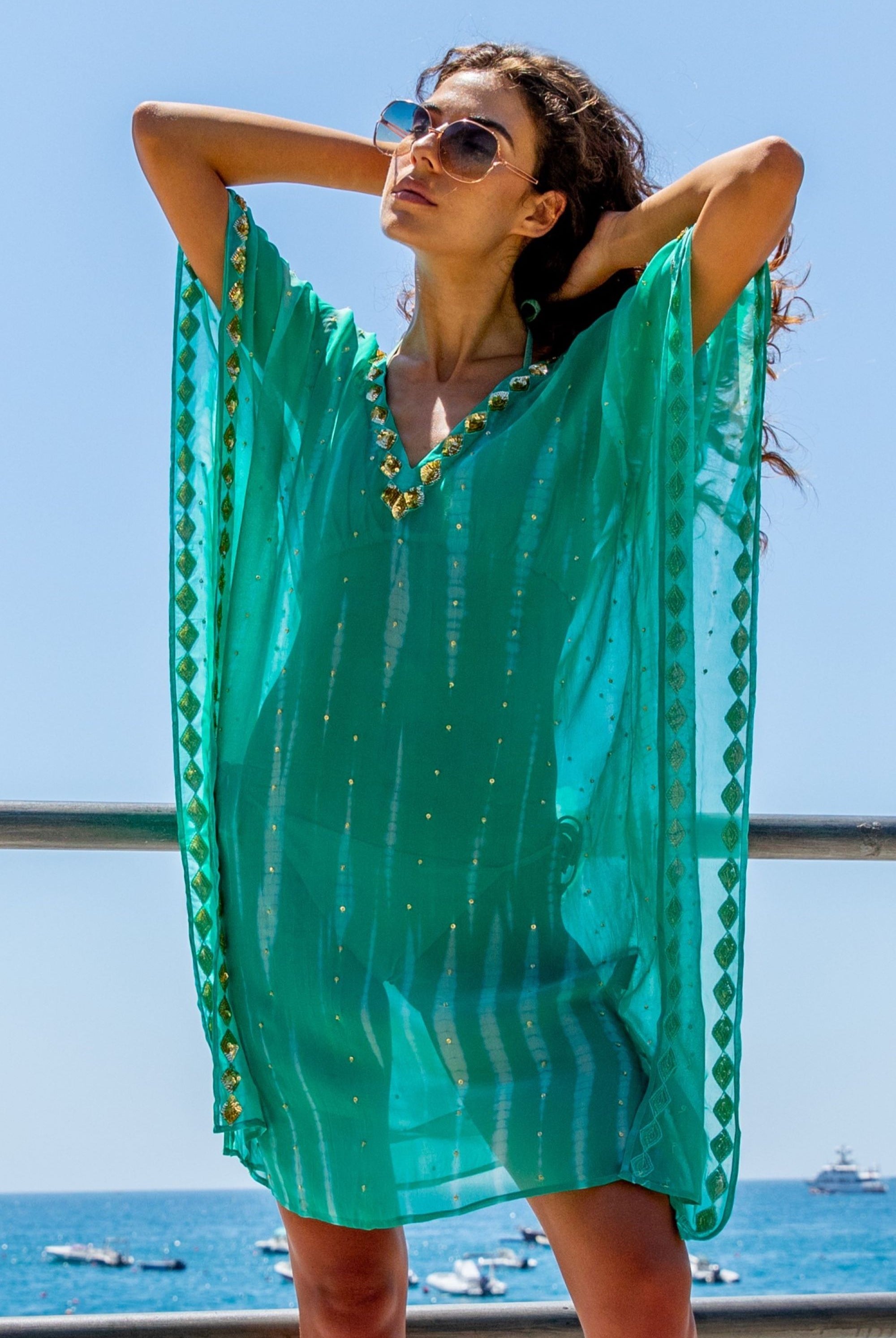 Green Aqua gold silk floaty designer kaftan to weat on holiday in the Maldives by Lindsey Brown resort wear 