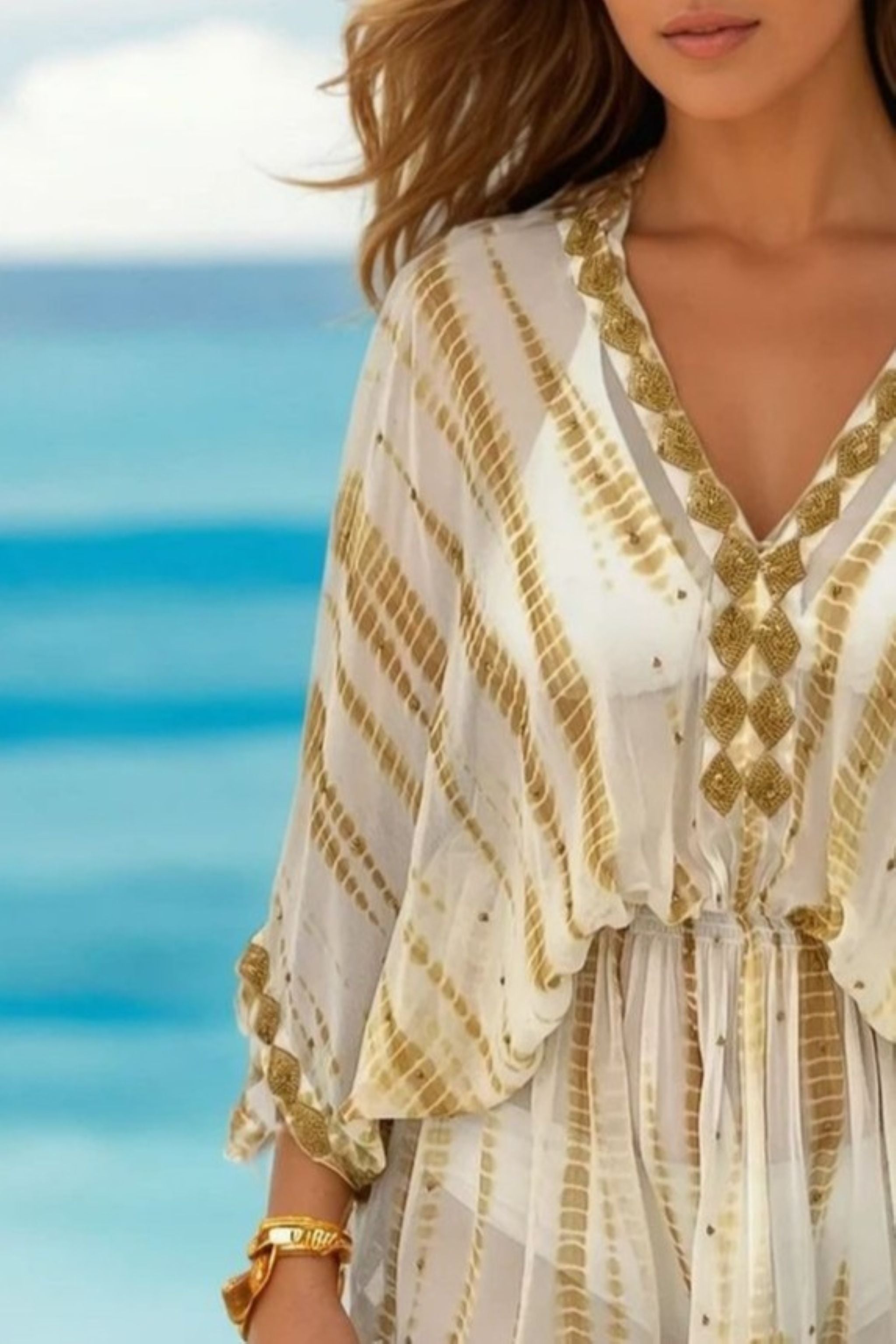 Ivory and tan short silk designer kaftan to wear in Barbados by Lindsey Brown resort wear 