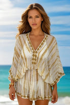Ivory and tan tie dye silk kaftans by Lindsey Brown silk resort wear 