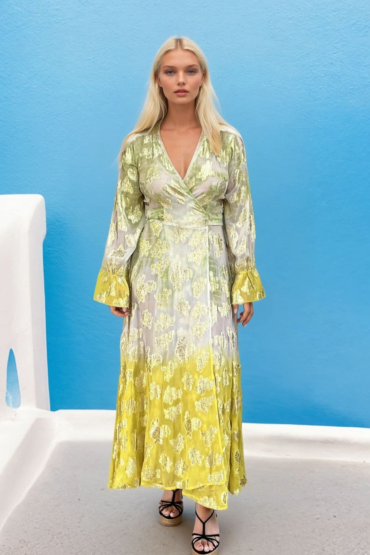 Ivory lime and yellow wrap over maxi dress to wear on holiday by Lindsey Brown luxury resort wear 