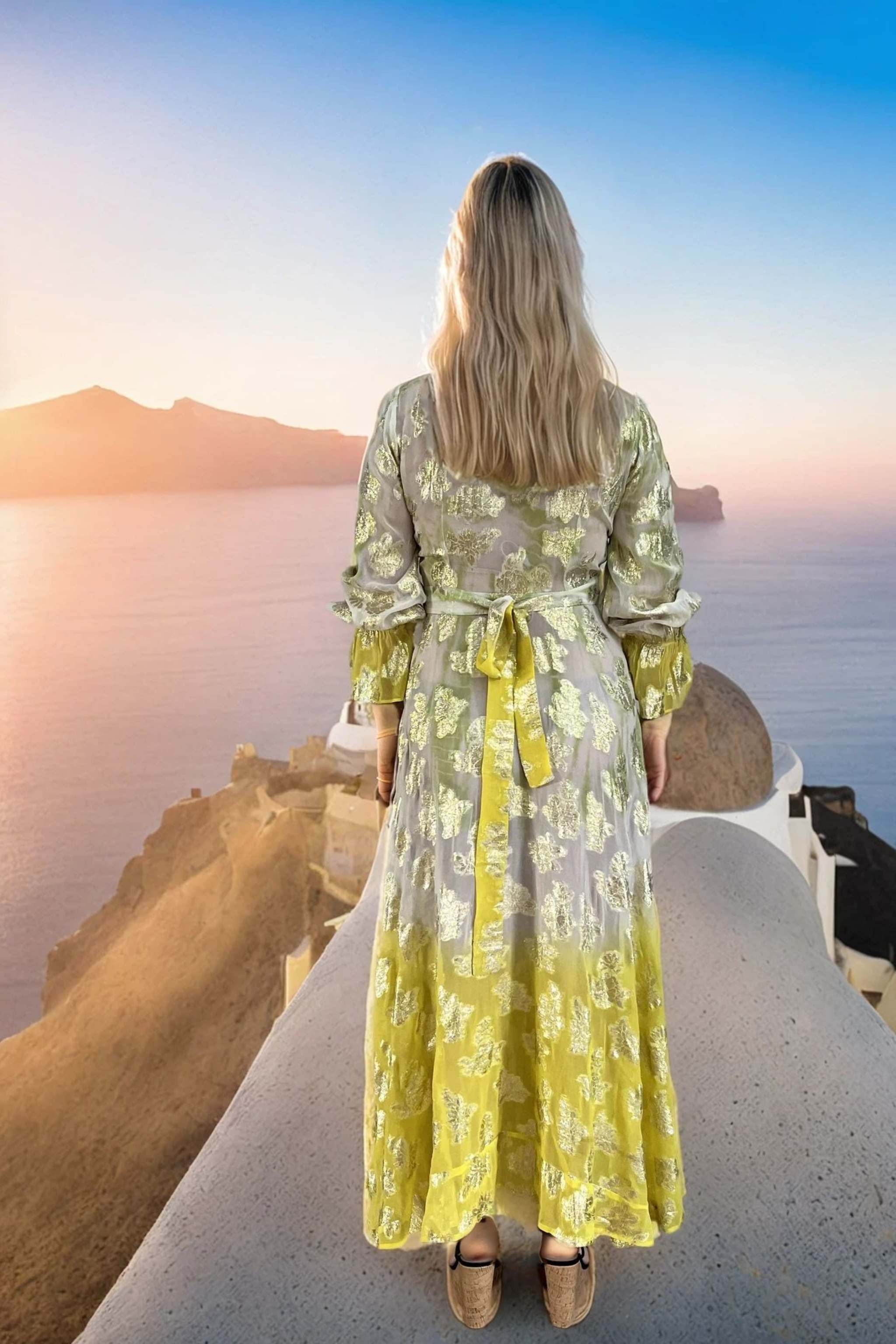 Ivory lime and yellow wrap over maxi dress to wear on holiday by Lindsey Brown resort wear 