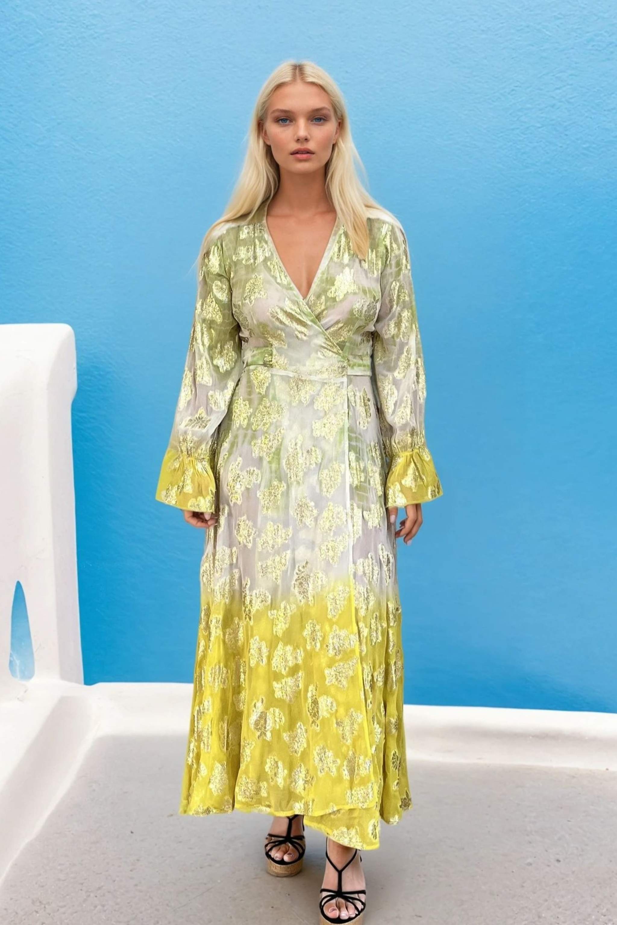 Ivory lime and yellow wrap over maxi dress to wear on holiday by Lindsey Brown luxury resort wear 