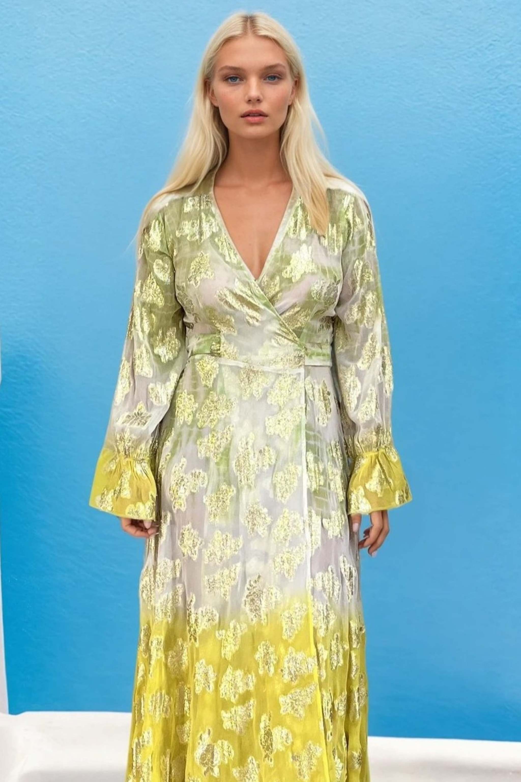 Ivory lime wrap over maxi dress to wear on vacation by Lindsey Brown  resort wear 
