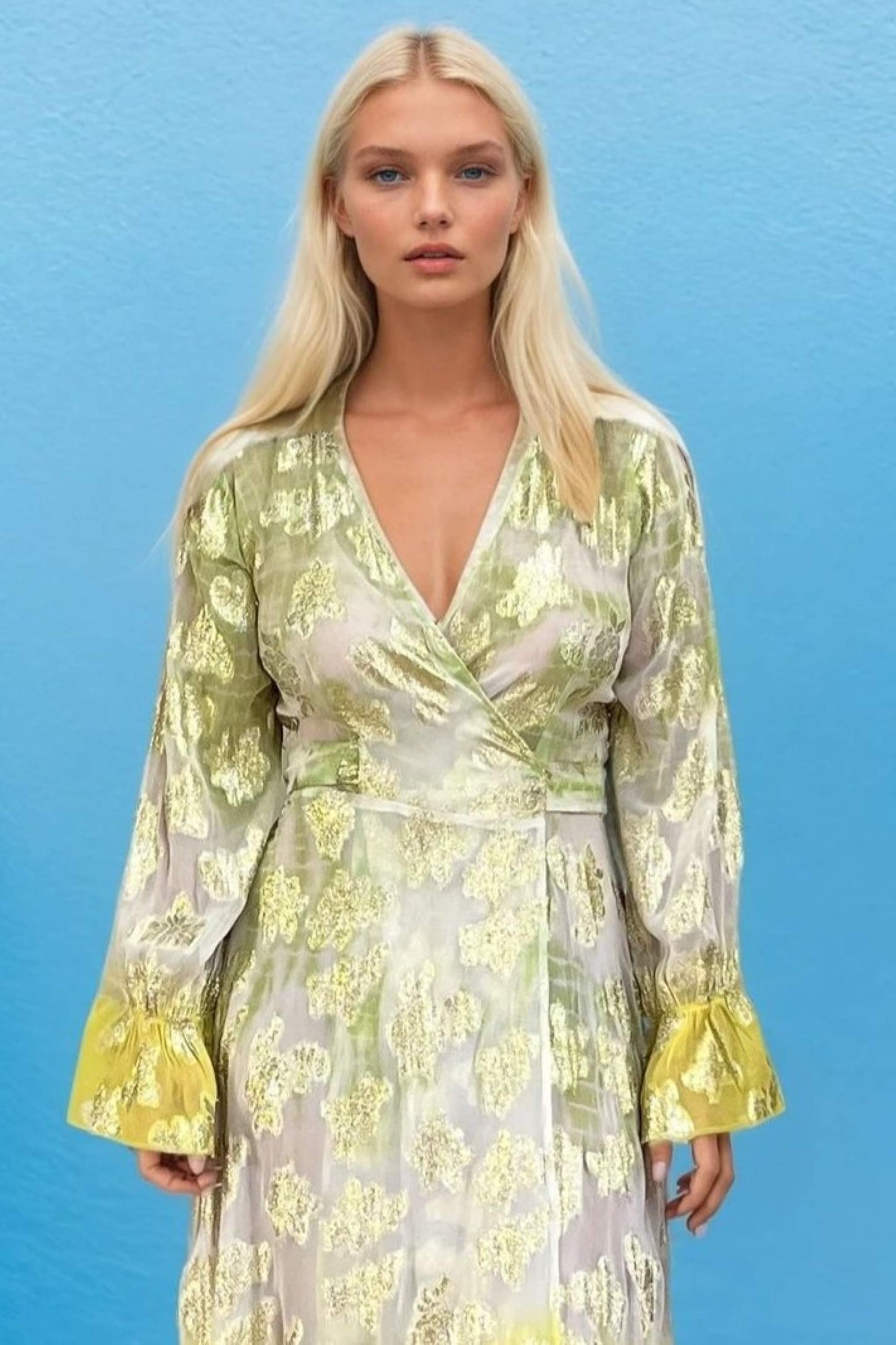 Ivory lime wrap over maxi dress to wear on vacation by Lindsey Brown silk resort wear 
