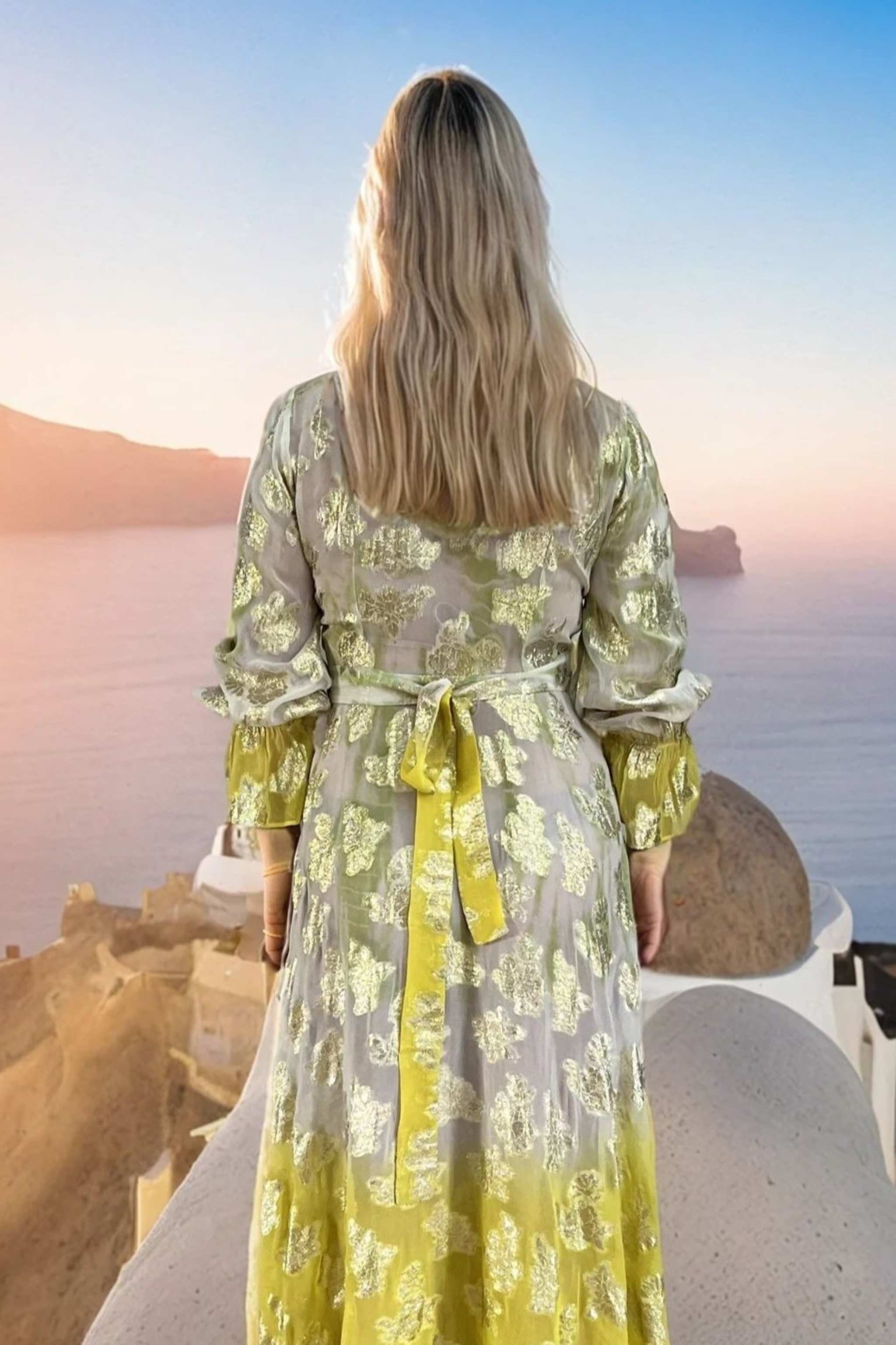 Ivory lime  yellow wrap over maxi dress to wear on holiday by Lindsey Brown resort wear 