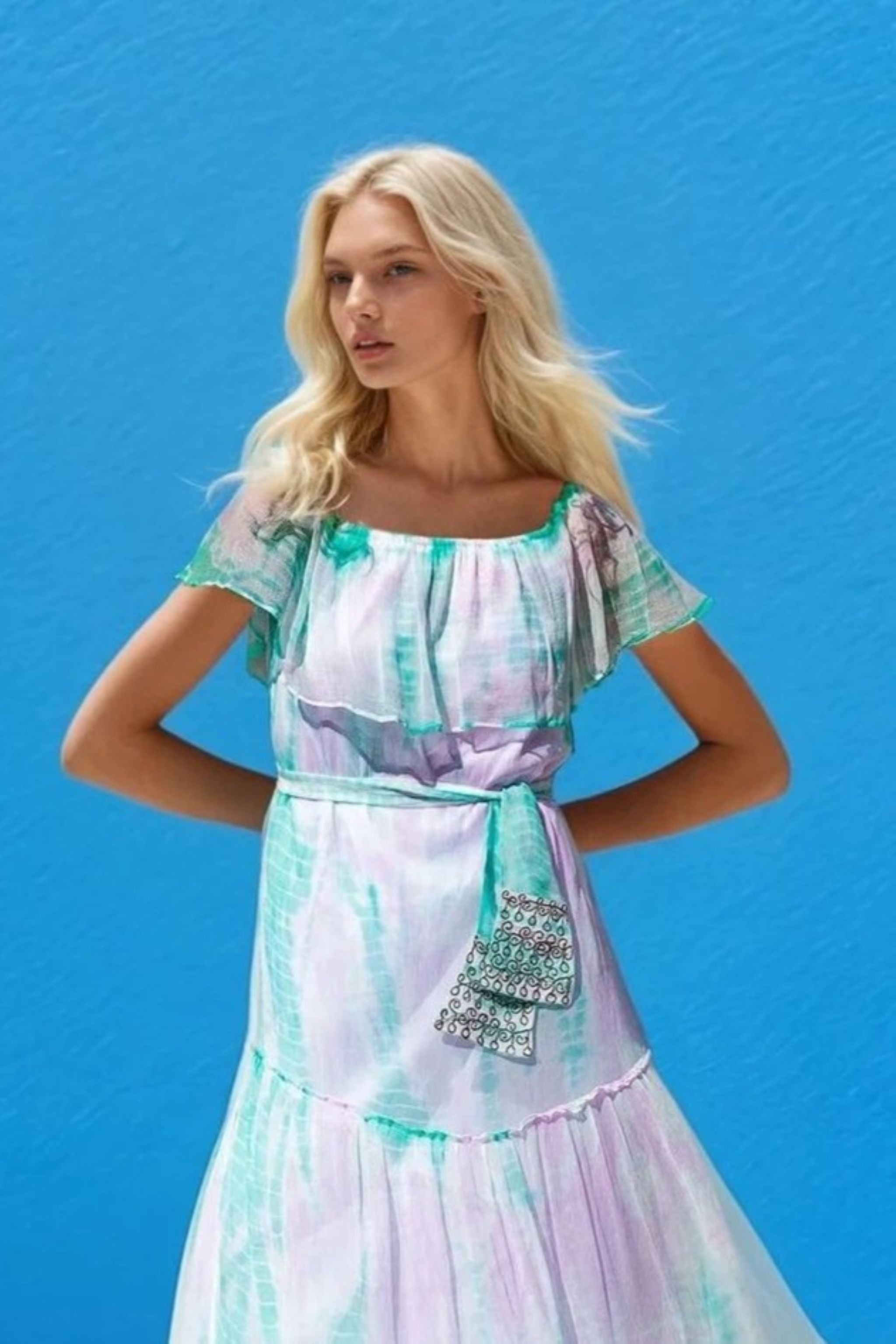 Lilac and aqua silk maxi dresses to wear on holiday by Lindsey Brown luxury resort wear 
