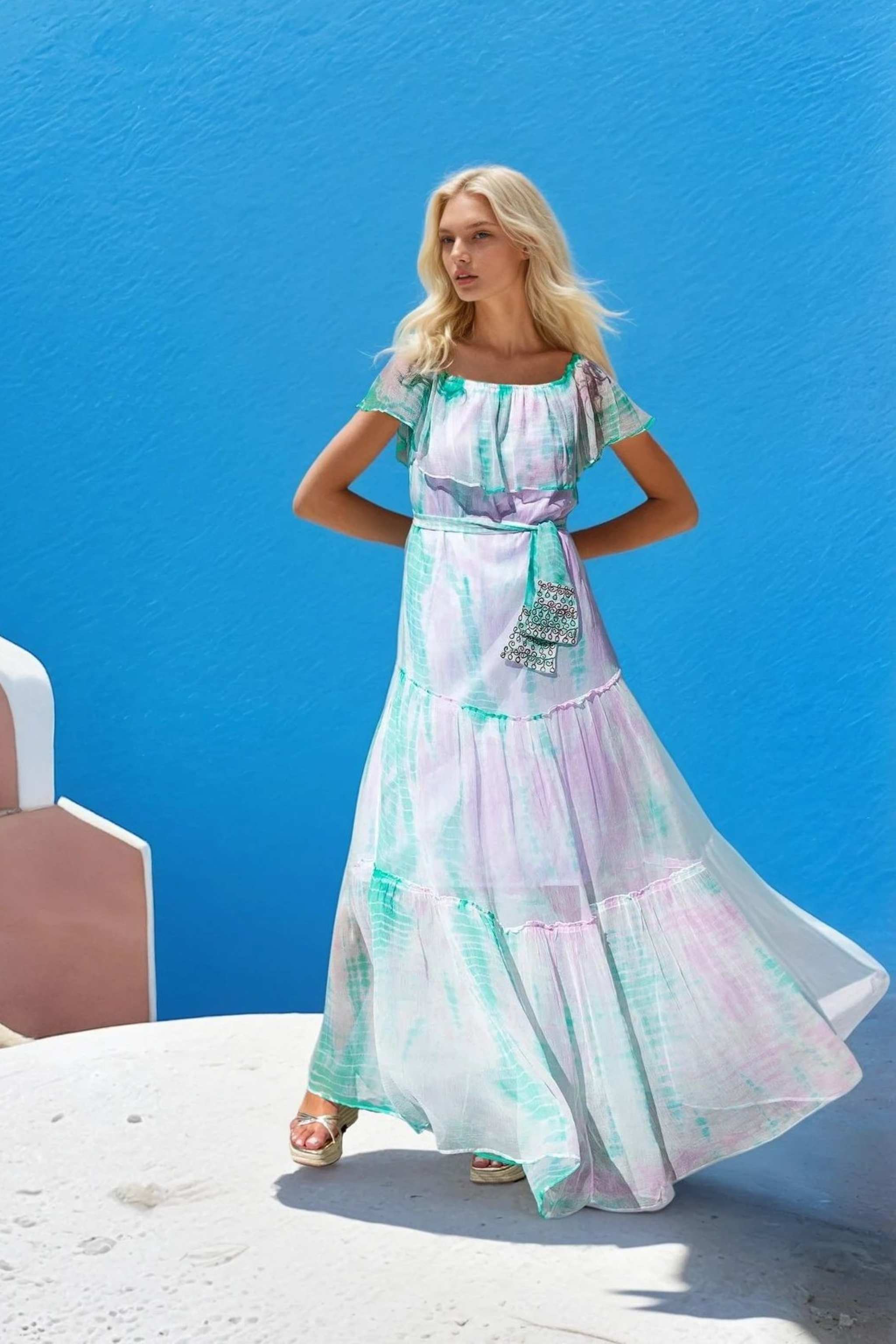 Lilac and aqua silk maxi dresses to wear on holiday by Lindsey Brown silk luxury resort wear 