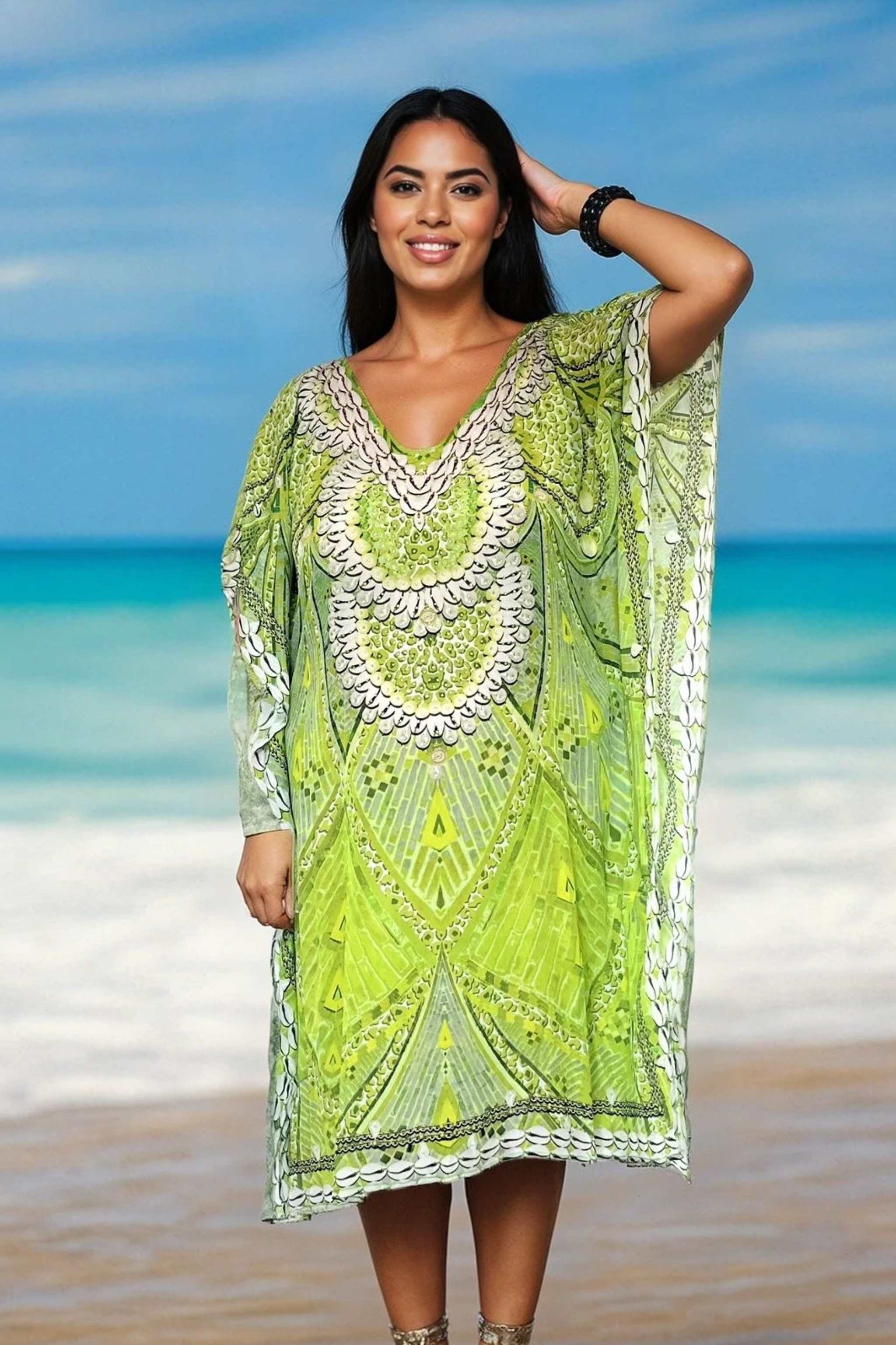 Lime green printed silk designer beach cover ups by Lindsey Brown resort wear 