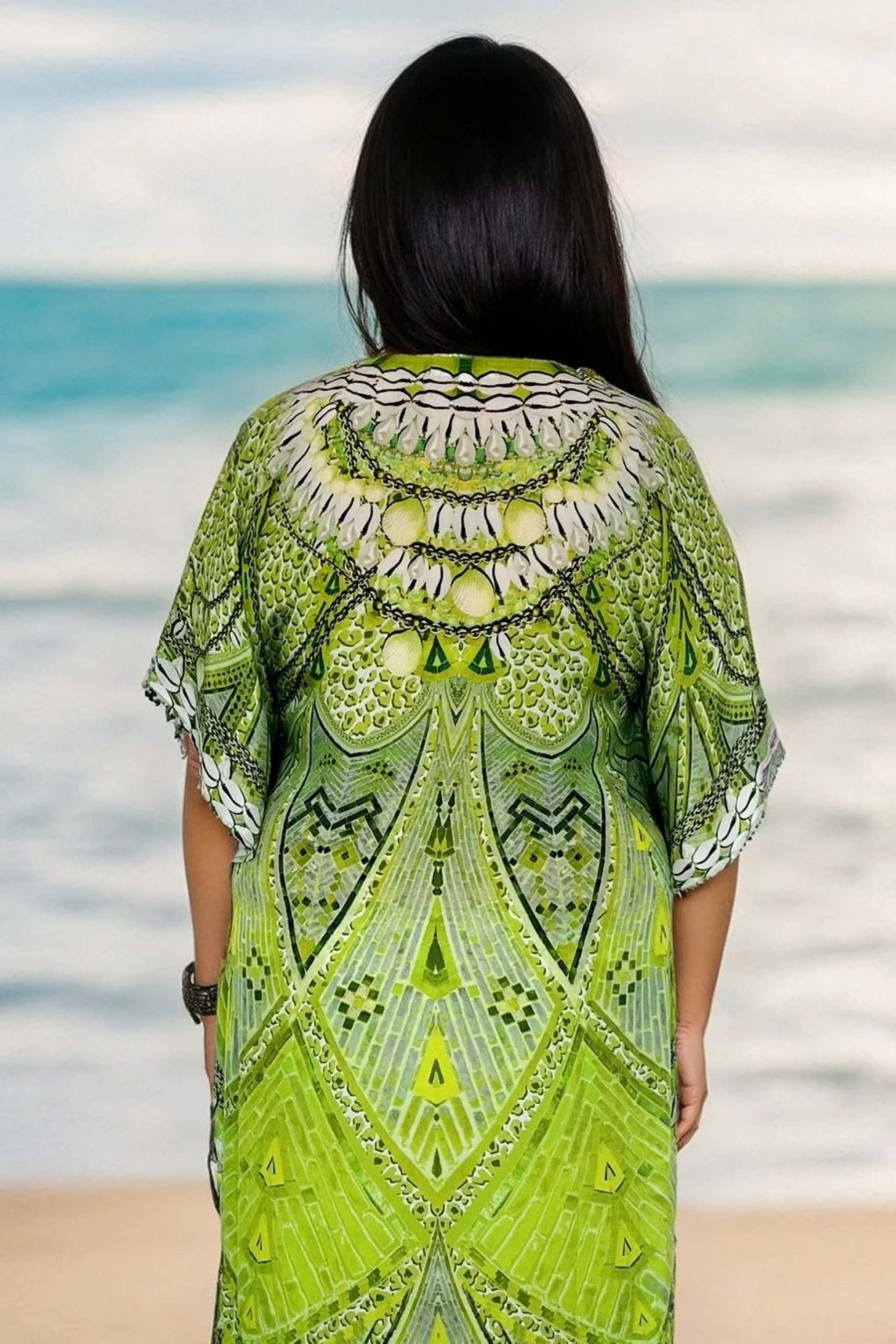 Lime green silk designer cover up by Lindsey Brown resort wear 