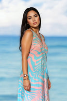 Lindsey Brown resort wear blue and pink silk crepe holiday dresses