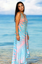 Lindsey Brown resort wear floaty blue and pink halter neck dress for vacations