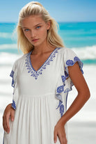 Lindsey Brown resort wear white and blue cotton maxi dresses to wear in Caribbean 