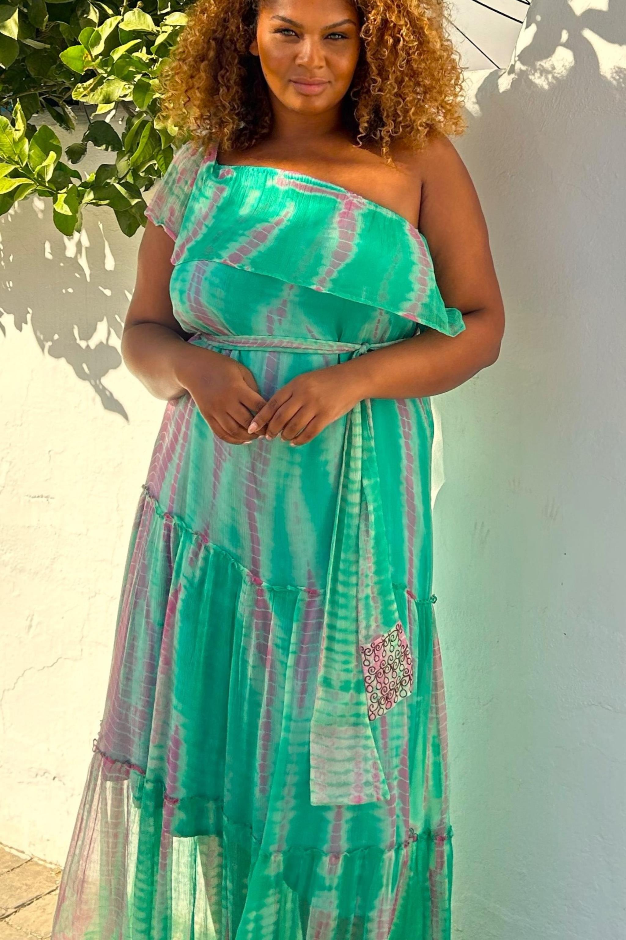aqua and pink  Silk holiday dress to wear on a Cruise by Lindsey Brown designer resort wear 