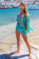 Petite aqua silk designer beach  is a coverup by Lindsey Brown
