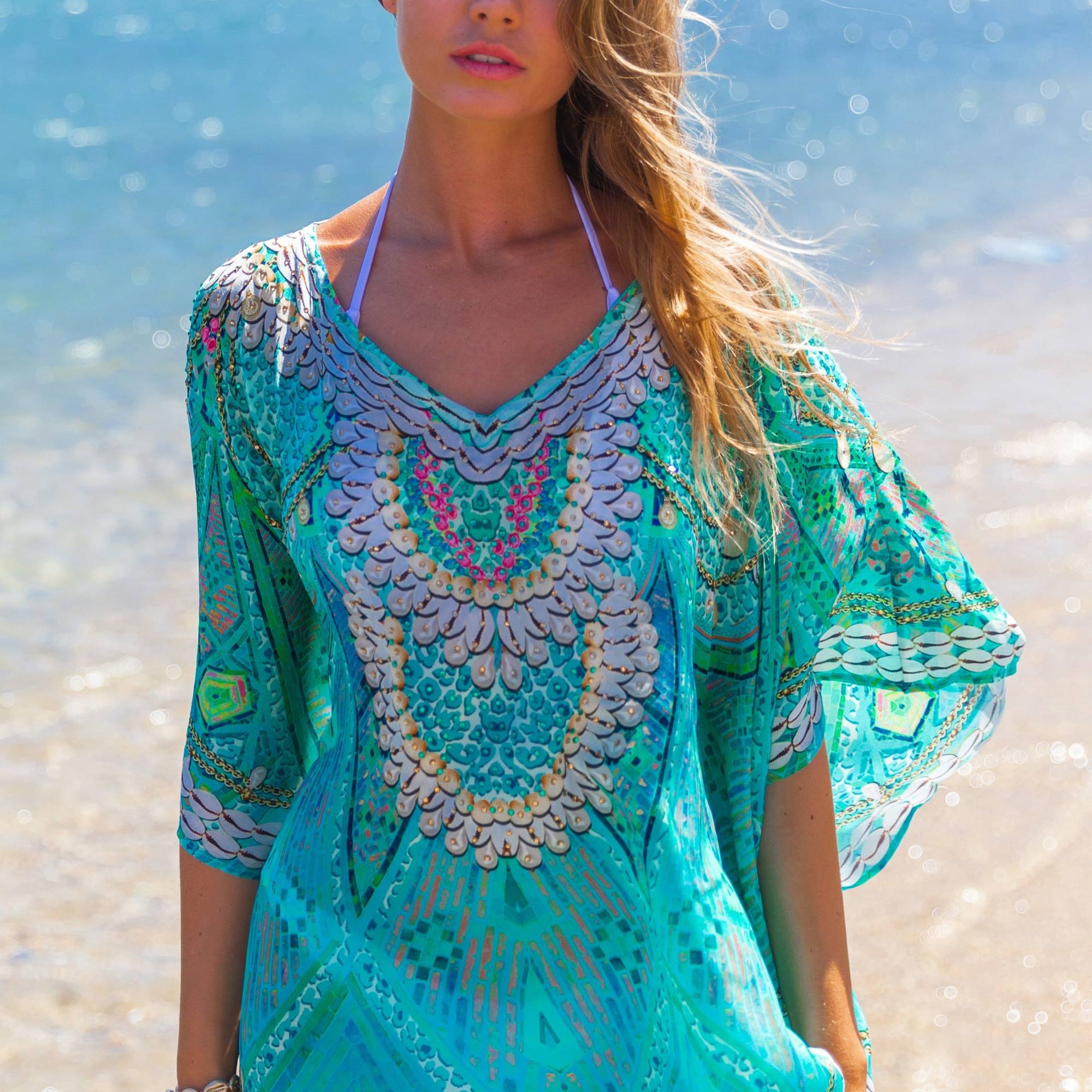 Petite sparkly silk designer beach kaftan, is a fabulous short floaty coverup by Lindsey Brown resort wear, perfect for petite frames to wear as beachwear