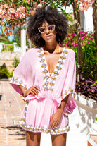 Pink Silk short designer kaftans to wear in the Caribbean by Lindsey Brown luxury resort wear 