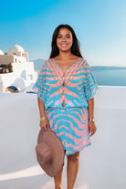 Pink and Blue silk bloused beach dress by Lindsey Brown resort wear
