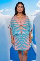 Pink and Blue silk designer beach cover up by Lindsey Brown resort wear