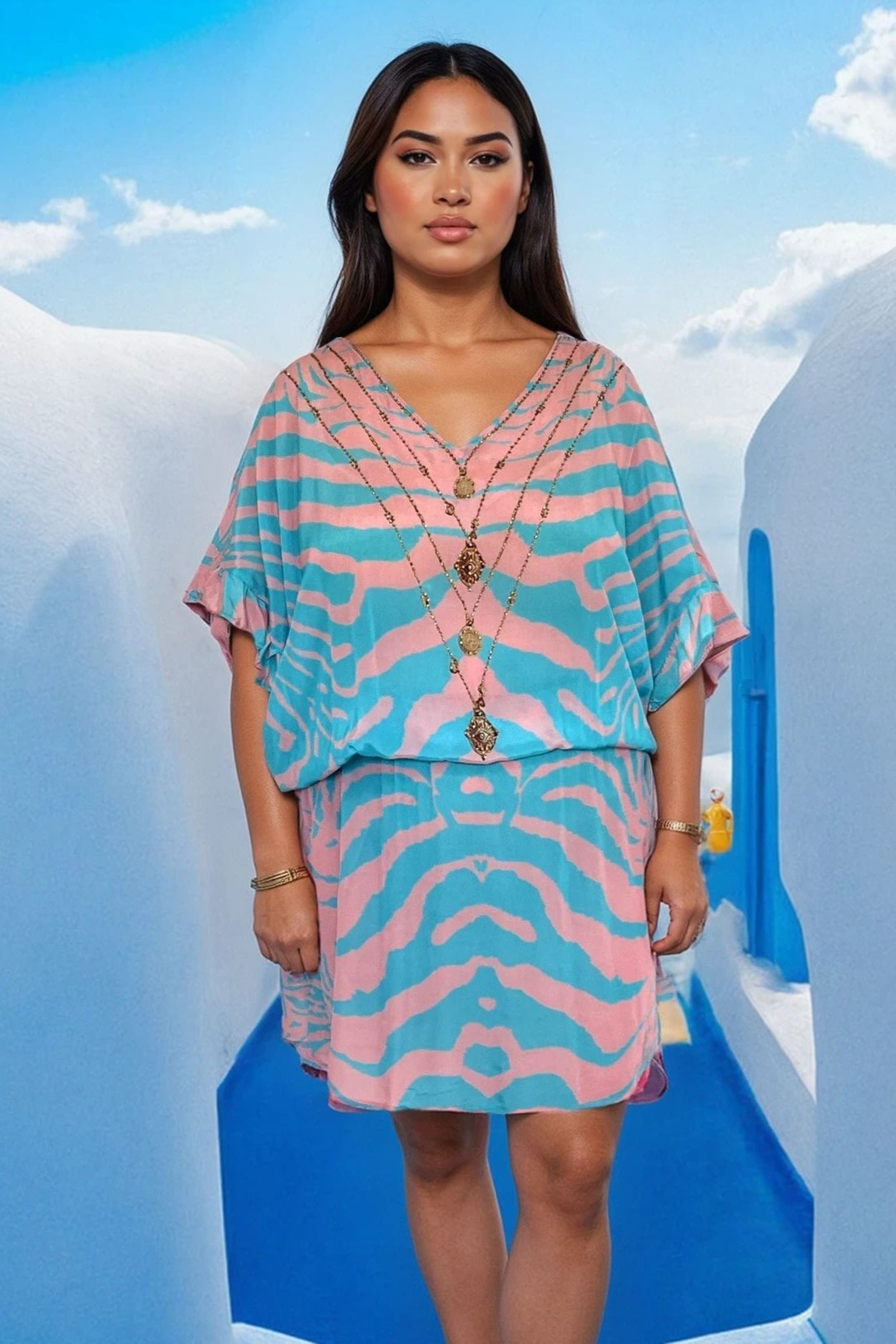Pink and Blue silk designer beach cover up by Lindsey Brown resort wear