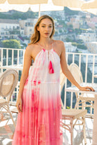 Pink white silk floaty sleeveless dress to wear on holiday by Lindsey Brown resort wear 