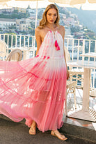 Pink white silk floaty summer maxi dress by Lindsey Brown luxury silk resort wear 