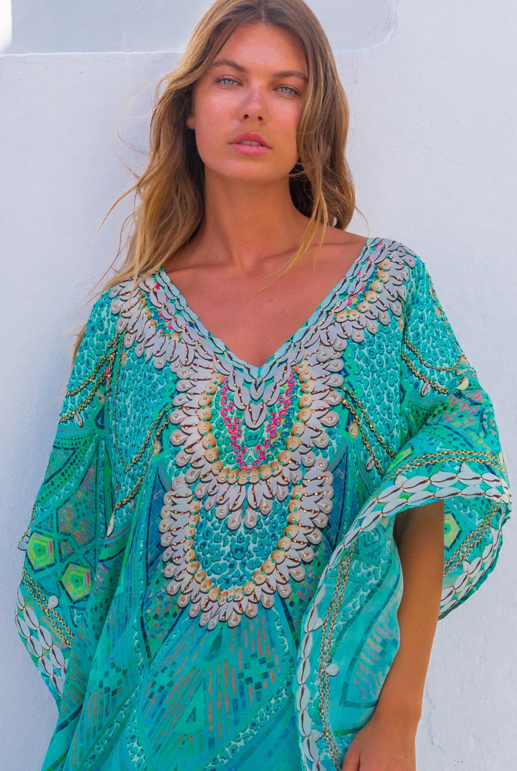 Plus Size aqua silk floaty kaftans for larger sizes to wear on holiday by Lindsey Brown resort wear 
