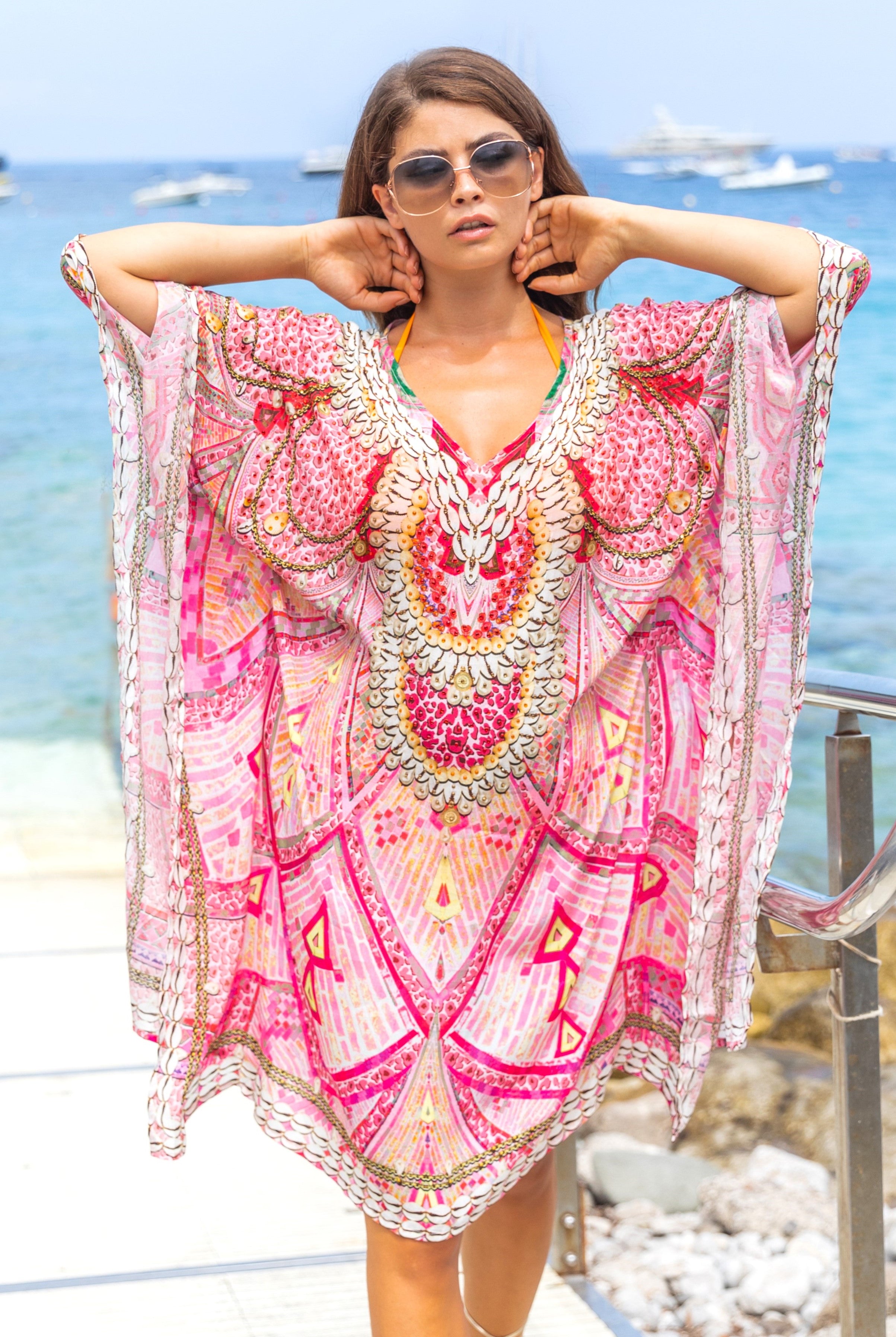 Plus Size pink silk designer kaftans by luxury resort wear Lindsey Brown 