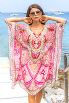 Plus Size pink silk designer kaftans by luxury resort wear Lindsey Brown 