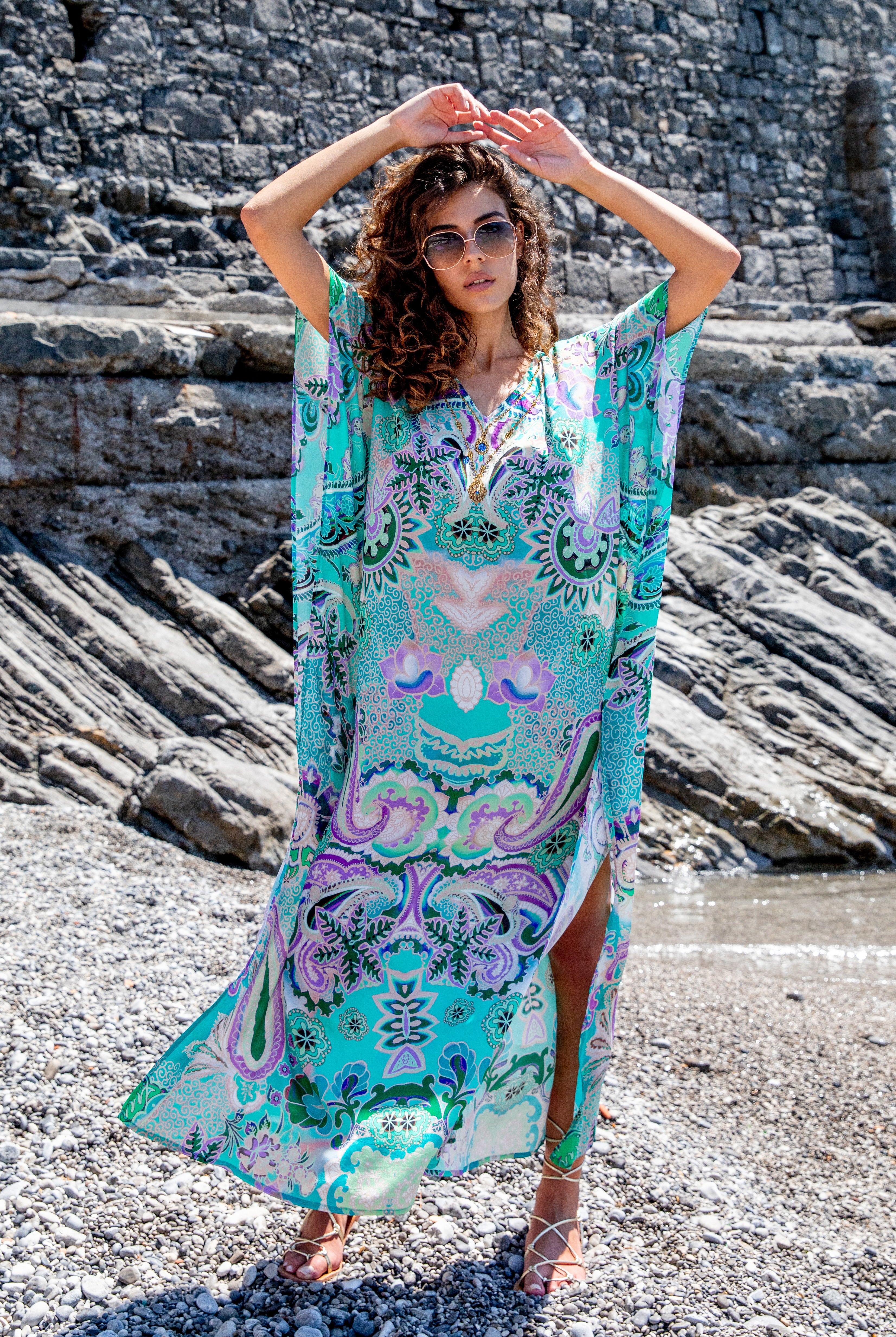 Plus size aqua printed floaty maxi kaftans to wear on holiday by Lindsey Brown luxuey resort wear 