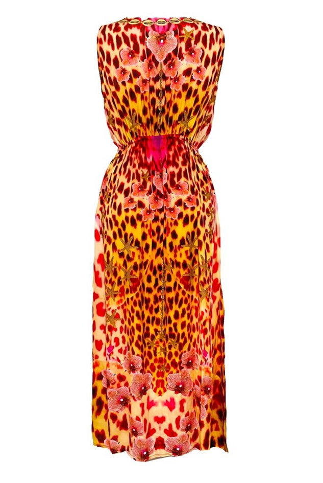 Red animal print maxi dress to wear on holiday by lindsey brown resort wear 