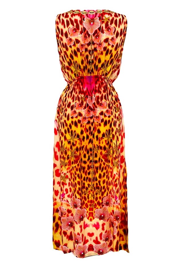 Red animal print maxi dress to wear on holiday by lindsey brown resort wear 