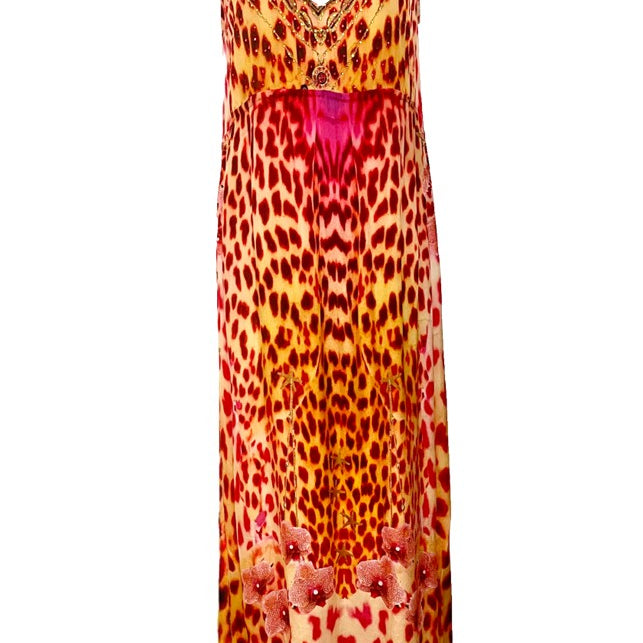 Red animal print maxi dresses to wear on holiday by Lindsey Brown silk resort wear 