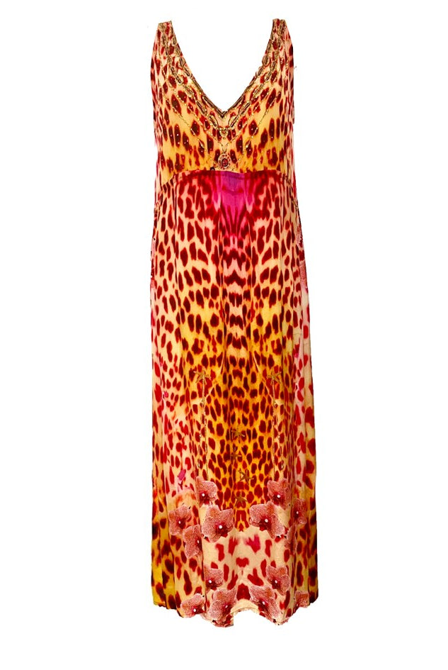 Red animal print maxi dresses to wear on holiday by Lindsey Brown silk resort wear 