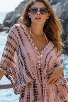 Rose pink sparkly  short silk luxury kaftan to wear on holiday by Lindsey Brown resort wear 