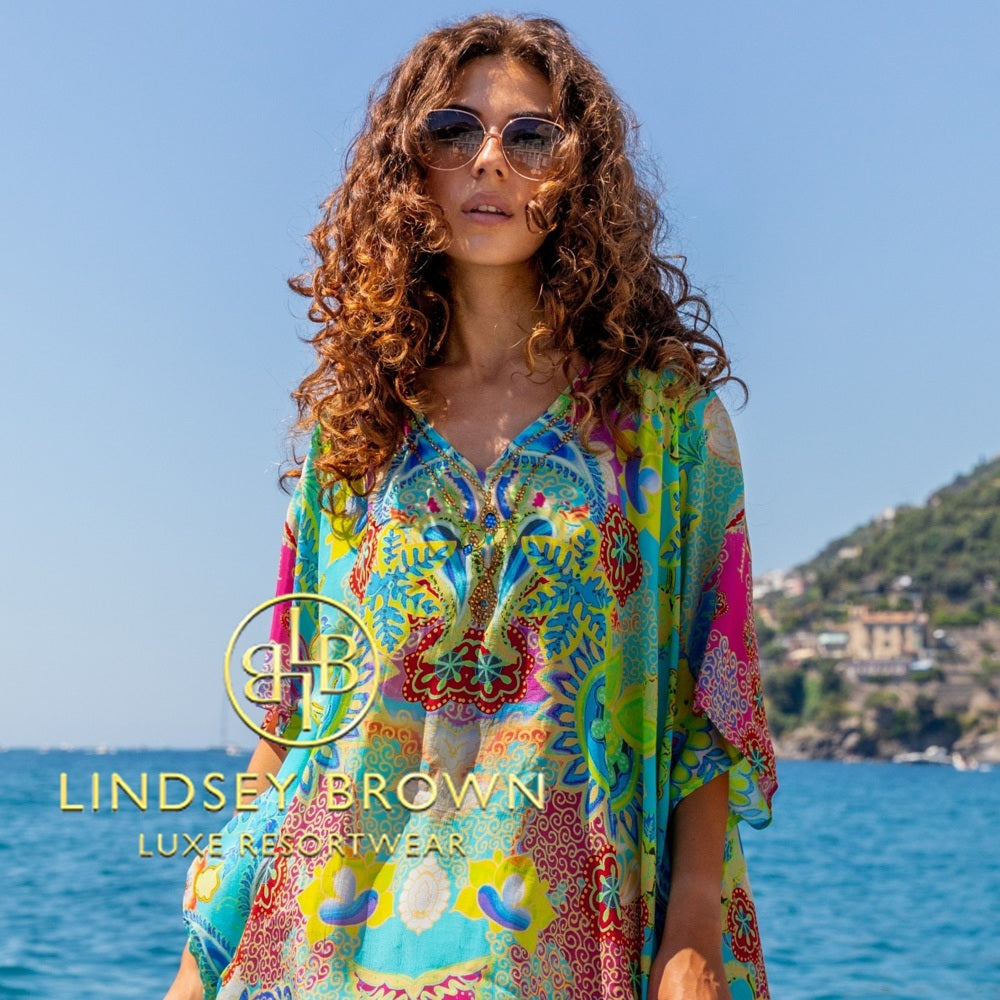 Silk designer beach cover ups to wear on a Caribbean Cruise by Lindsey Brown resort wear 