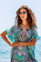 Silk aqua maxi kaftans by Lindsey Brown resort wear, Aqua silk maxi kaftans to wear on holiday by Lindsey Brown luxury resort wear