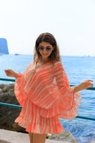 Silk Orange Gold kaftan dress to wear on holiday by Lindsey Brown resort wear