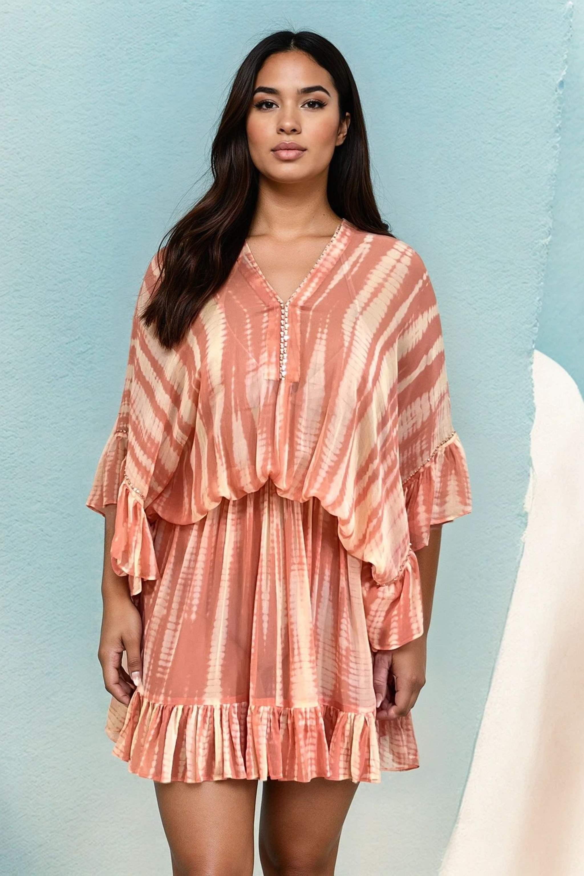 blush pink and ivory silk kaftan dress in matt silk to wear on vacation by Lindsey Brown