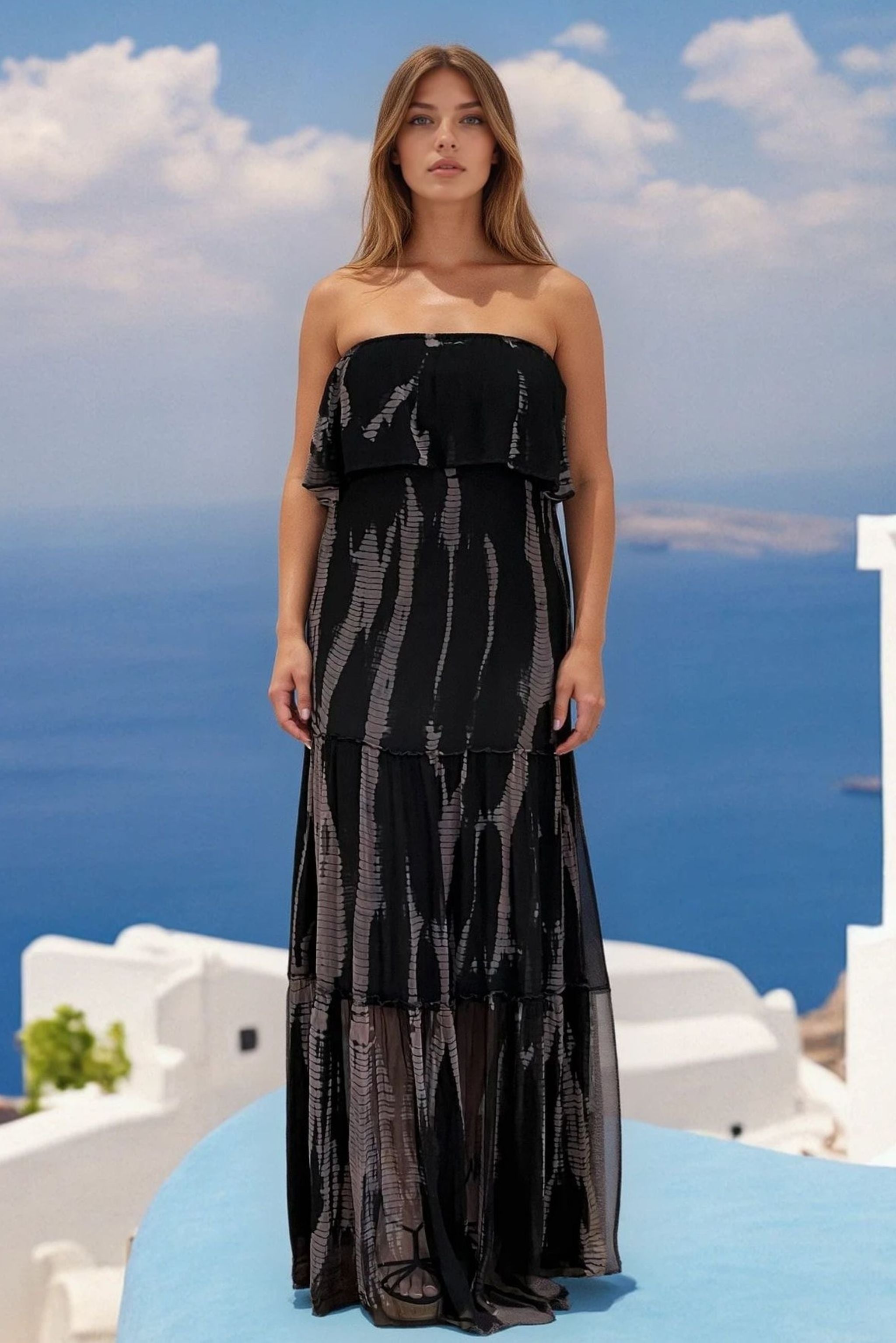 Strapless off the shoulder silk maxi dress by Lindsey Brown resort wear 