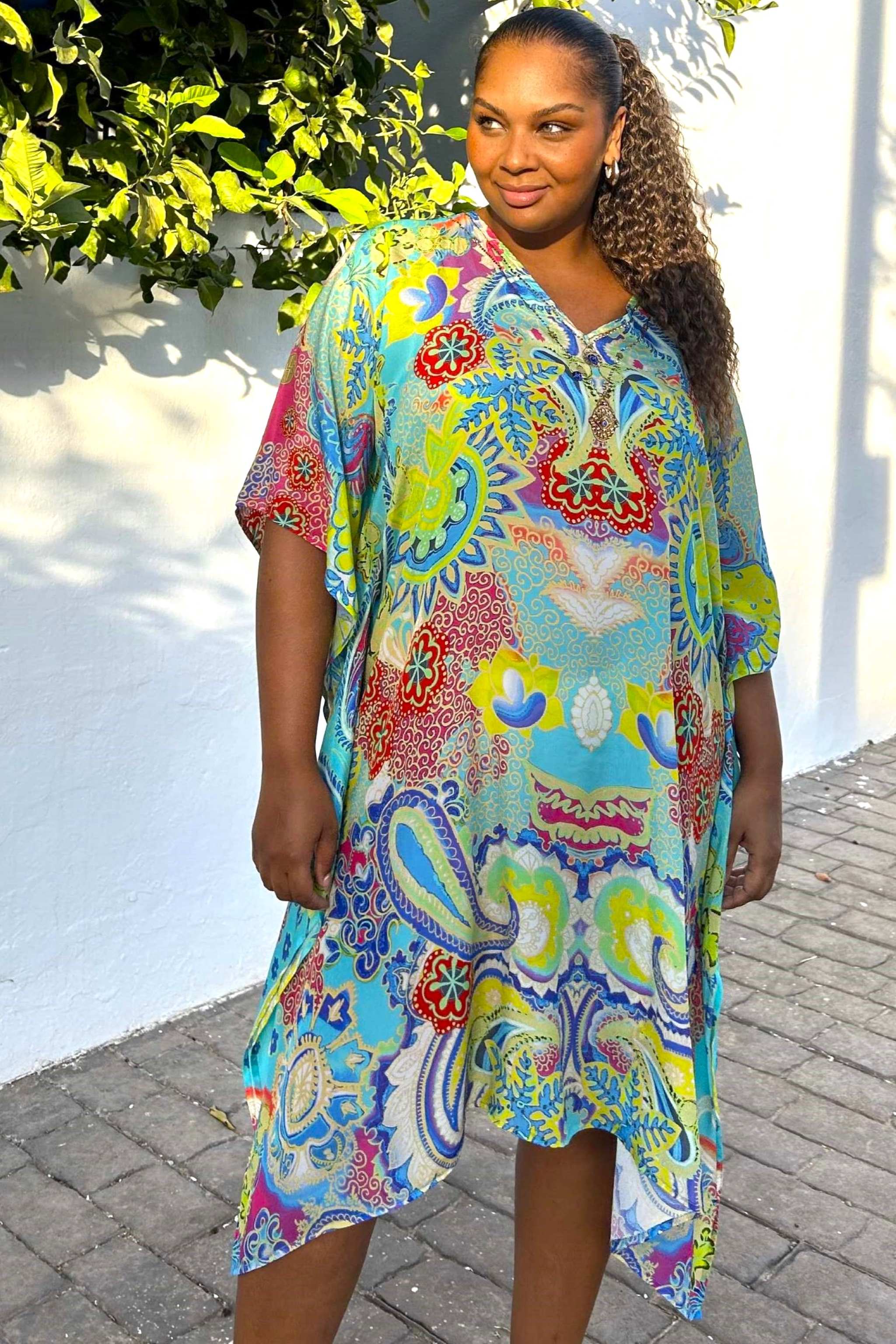 Turquoise yellow silk plus size beach cover up ONE SIZE 2XL 4XL Turquoise Silk Crepe