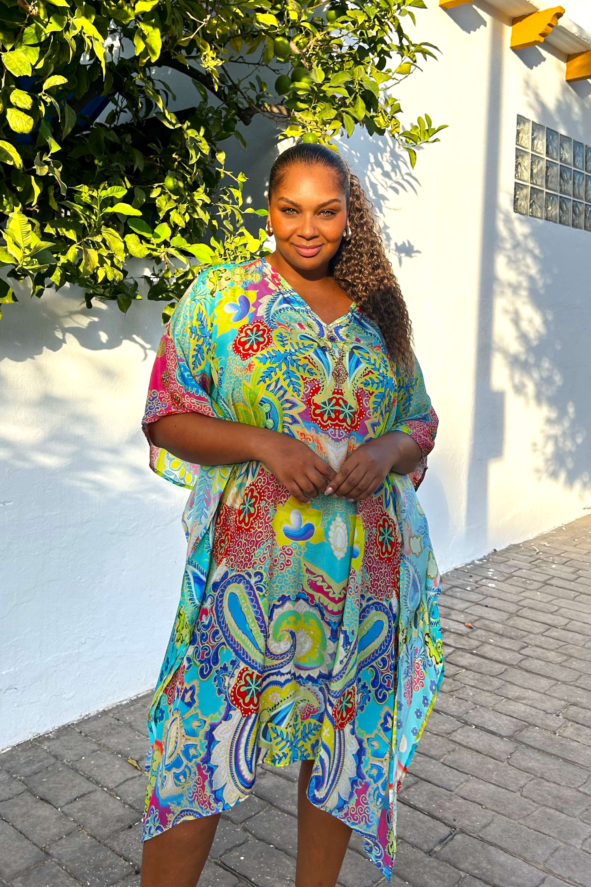 turquoise yellow silk  plus size designer beach cover-ups by Lindsey Brown
