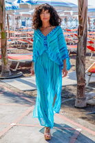 Turquoise blue silk maxi kaftan beachwear coverups, stunnign silk resort wear kaftans by Lindsey Brown resort wear