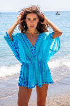 Turquoise blue silk short luxury resort wear kaftan by Lindsey Brownresort wear